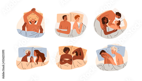 Sexual relationships, intimate life of love couples. Lovers intimacy in beds set. Good and bad sex, problems with partner concept. Flat graphic vector illustrations isolated on white background