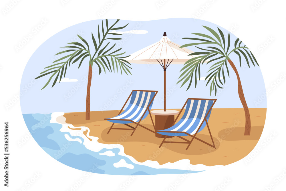 Sunbeds and umbrella at sand beach. Summer tropical premium resort with private chaise-longues at seacoast. Empty deckchairs, sun beds at seaside. Flat vector illustration isolated on white background