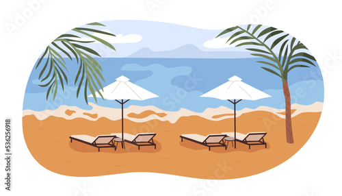Empty summer beach with deck-chairs and umbrellas. Private chaise-longues on sand at sea coast, comfortable luxury resort. Deckchairs at seaside. Flat vector illustration isolated on white background