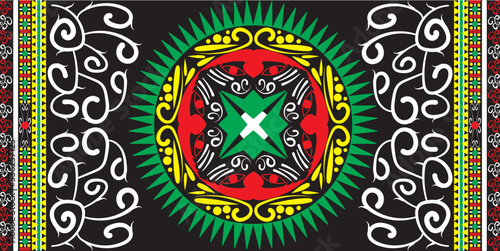 a typical cloth from aceh, indonesia called "kerawang" cloth in black, red, green, yellow, white colors for wallpaper background illustration with seamless motif