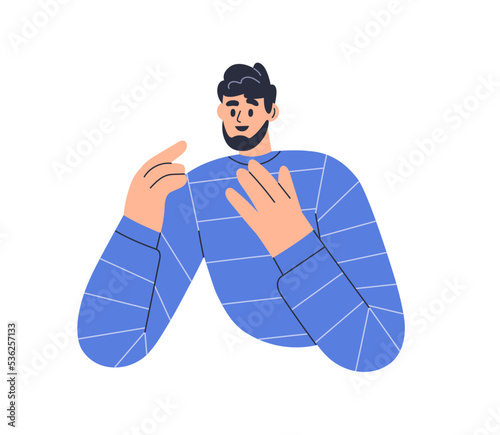 Happy person telling, gesturing with hands. Surprised man with excited face expression, emotion. Male character wondering, speaking, talking. Flat vector illustration isolated on white background