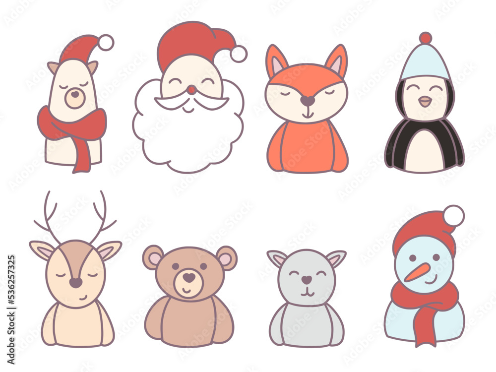 Cute winter characters set vintage. Collection colored doodle christmas drawn animals. Reindeer, fox, bear, northern bear, penguin, santa, snowman, cat
