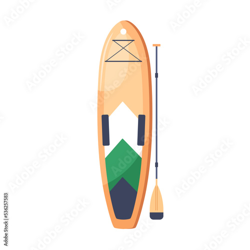 SUP water board with paddle. Standup paddleboarding, summer beach sport activity. Long stand-up surfboard with rounded nose. Flat vector illustration isolated on white background