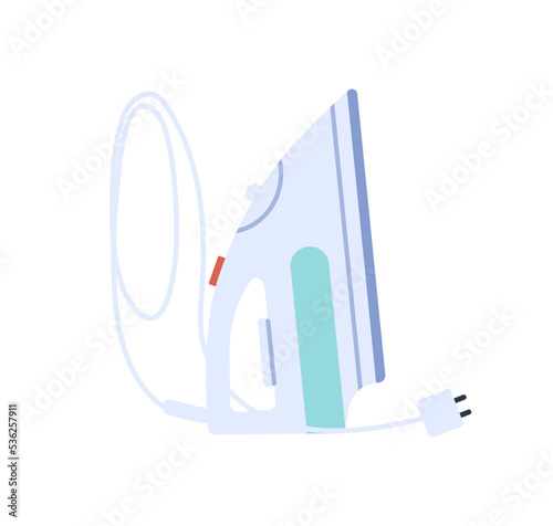 Electric press iron. Steam device, home appliance with cable, plug. Modern domestic equipment with wire, standing in vertical position. Flat vector illustration isolated on white background