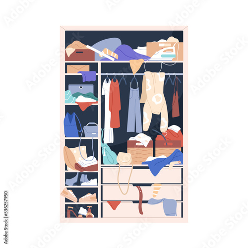 Messy wardrobe, closet. Mess, clutter and disorder inside open cupboard. Chaos, piles, heaps of clothes, scattered untidy stuff, accessories. Flat vector illustration isolated on white background