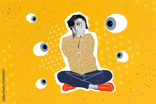 Creative photo collage illustration of nice cute shy girl sitting palms cover face big eyes watch isolated on orange color background
