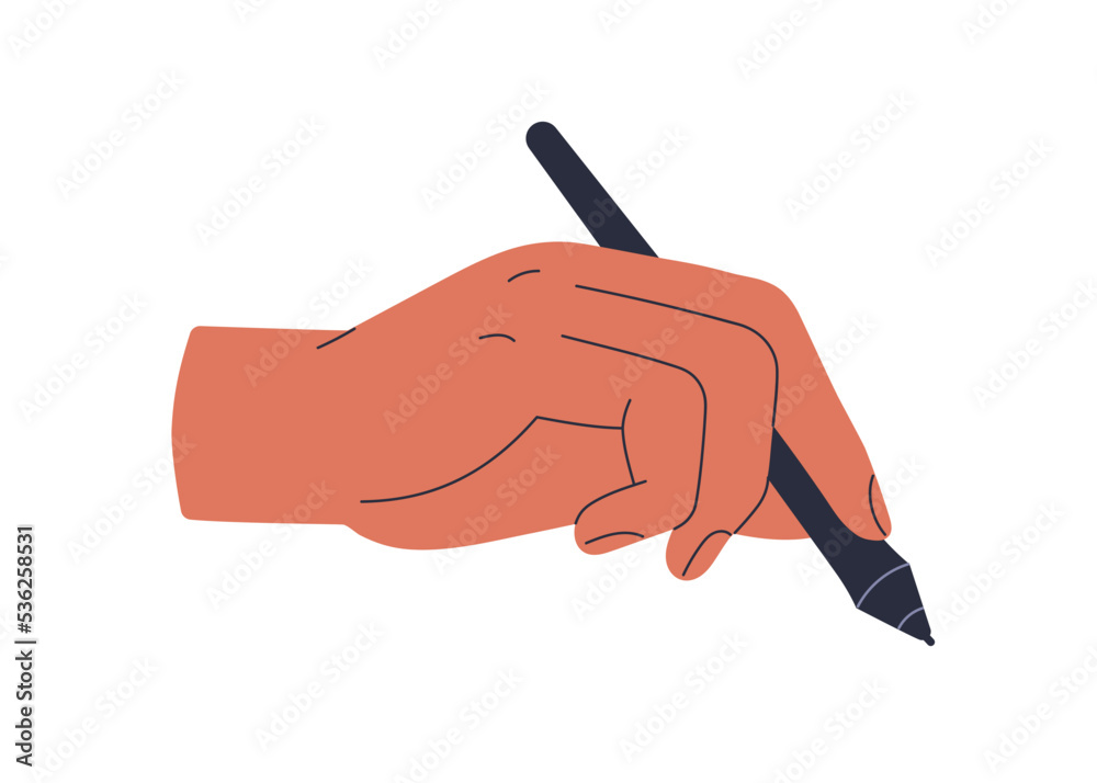 Hand holding stylus. Artists arm, wrist with digital electronic drawing tool, painting and writing instrument for tablet. Flat graphic vector illustration isolated on white background