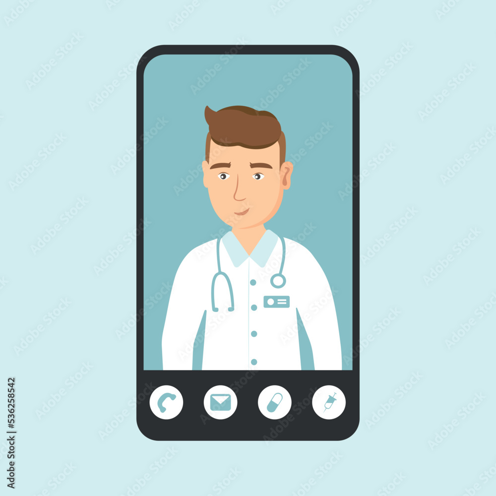 Vector smartphone. Inside is an online doctor who helps with prevention. Online doctor vector illustration and online medical consultation Vector smartphone. Inside is an online doctor who helps with prevention. Online doctor vector illustration and online medical consultation