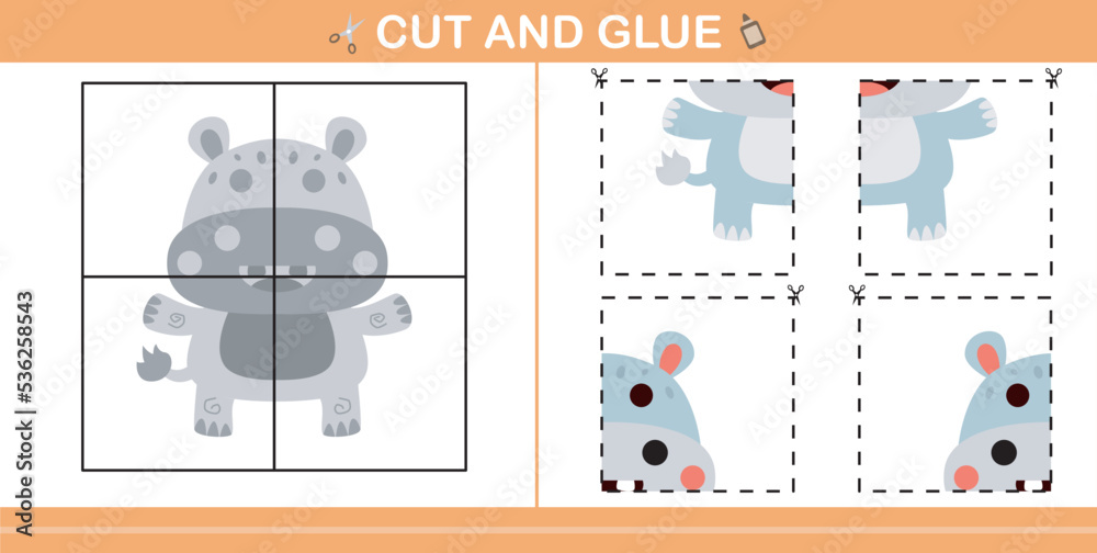 cute cartoon hippo.education paper game for kindergarten and preschool.cut and glue game for kids cute cartoon hippo.education paper game for kindergarten and preschool.cut and glue game for kids