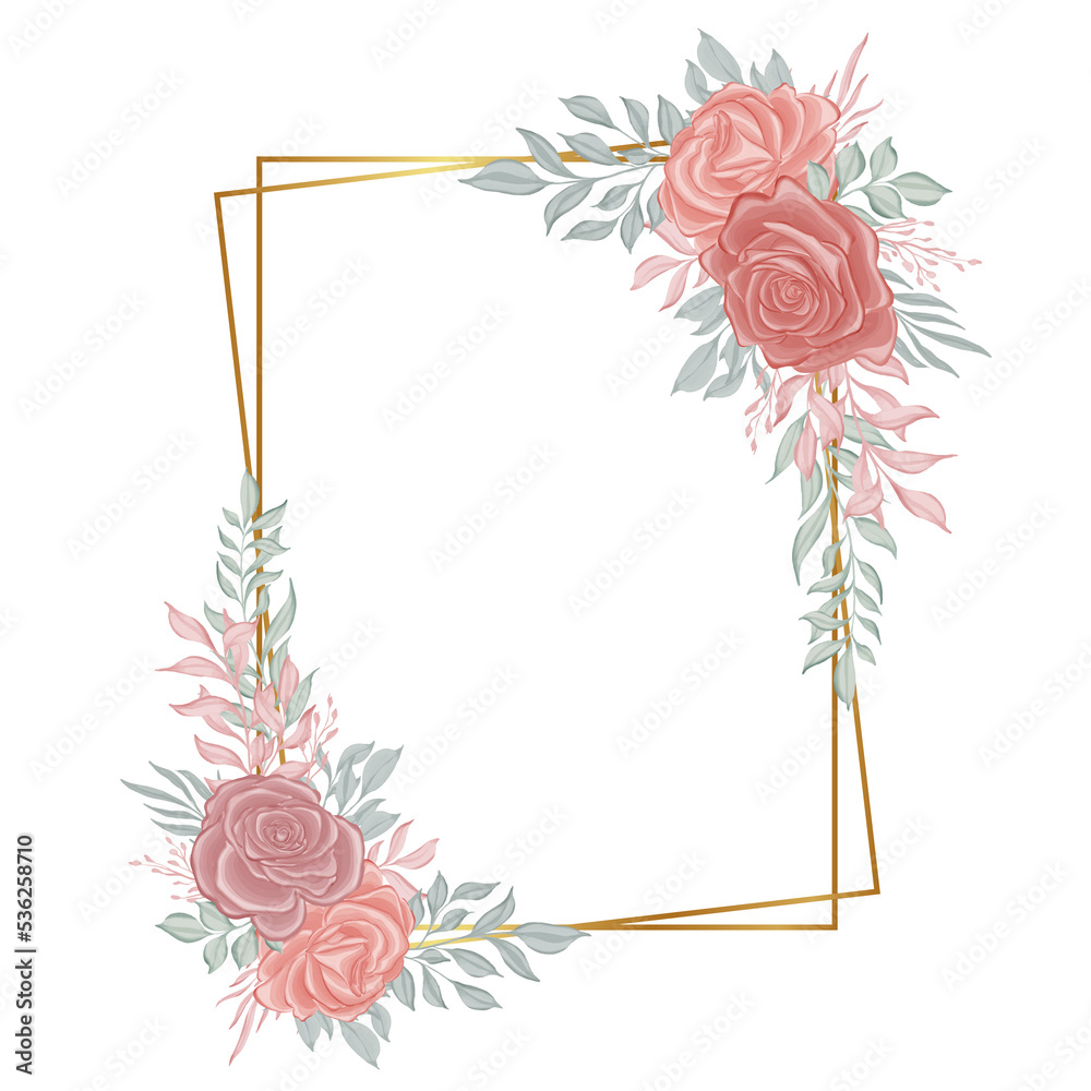 Obraz premium rose flower frame with gold geometric watercolor decoration