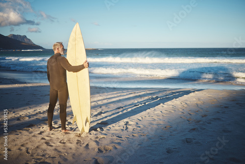 Photography Beach, board and man surfing on holiday in the summer water of Brazil during retirement freedom