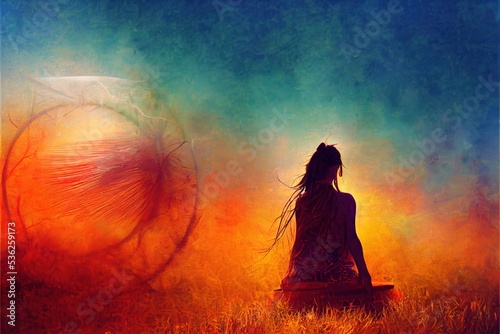 beautiful shamanic girl playing on shaman frame drum in the nature. Computer collage and painting effect.