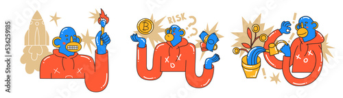 Set with Monkey crypto investor concepts. Data analysis, audit of business, trends and markets. Investment, startup, search for new successful business ideas. Cartoon style in vector illustration.