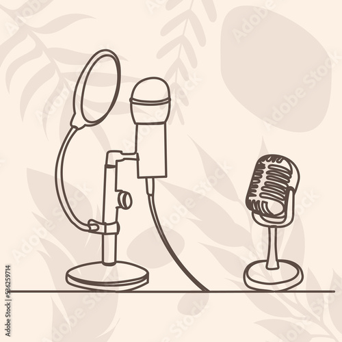 microphones drawing in one continuous line, isolated vector
