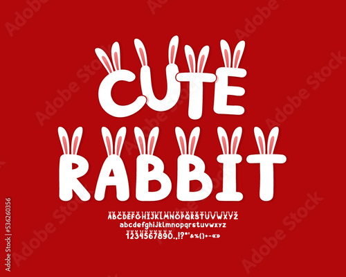 Cute white rabbit font on red background for horoscope zodiac decor and kids design. Alphabet letters, numbers and punctuation marks