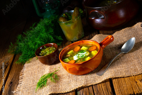 Polish sour cucumber soup with dill