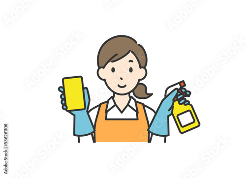 スポンジと洗剤を持つ主婦のイラスト