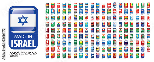 A set of vector icons with flags of countries and with the inscription made in