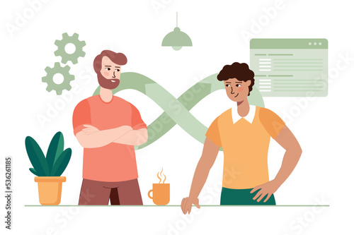 DevOps green concept with people scene in the flat cartoon style. Two programmers discuss updates of development services over a cup of coffee. Vector illustration.