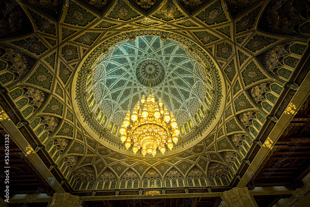 Sultan Qaboos Grand Mosque interior details, amazing luxury chandelier inside the mosque, Muscat, Oman