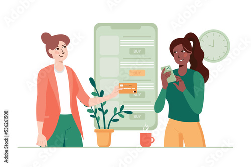Green concept mobile commerce with people scene in the flat cartoon style. Girl wants to pay all her bills through online banking on her smartphone. Vector illustration.