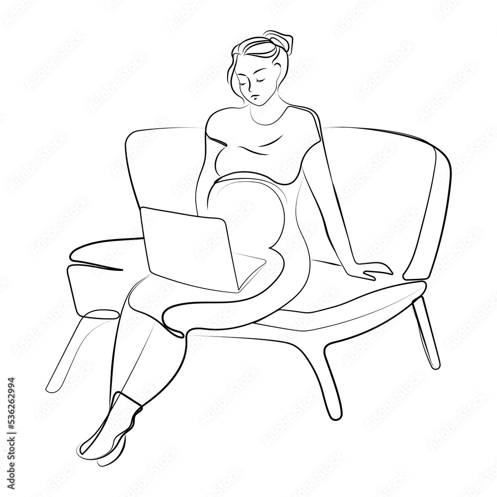 Pregnant woman with laptop sitting on sofa Line drawing isolated vector illustration.Pregnant woman using laptop,black and white sketch Pregnant woman with laptop sitting on sofa Line drawing isolated vector illustration.Pregnant woman using laptop,black and white sketch