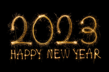 Happy New Year 2023. Sparkling burning text Happy New Year 2023 isolated on black background. Beautiful Glowing golden overlay object for design holiday greeting card