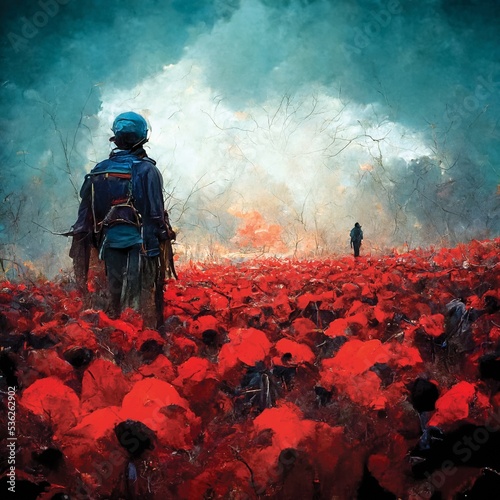Remembrance day, soldier and poppies, digital art, printable illustration photo
