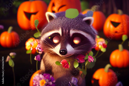 Raccoon Halloween Partry with pumpkins in a colorful atmosphere