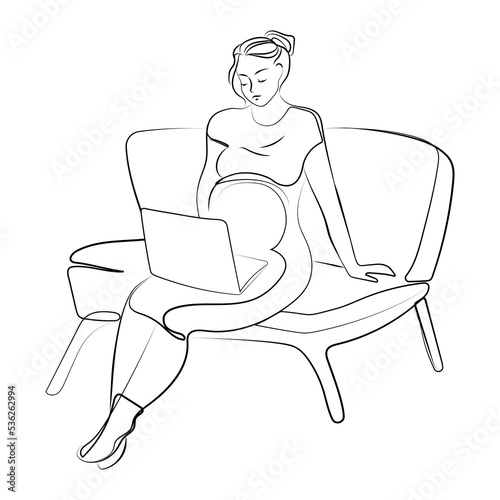 Pregnant woman with laptop sitting on sofa Line drawing isolated vector illustration.Pregnant woman using laptop,black and white sketch