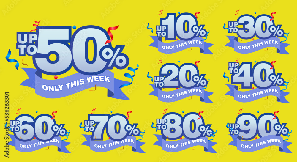 10%, 20%, 30%, 40%, 50%, 60%, 70%, 80%, 90% Discount. Sale tags set vector badges template. Sale offer price sign. Special offer symbol. Discount promotion. Discount badge shape. Vector design