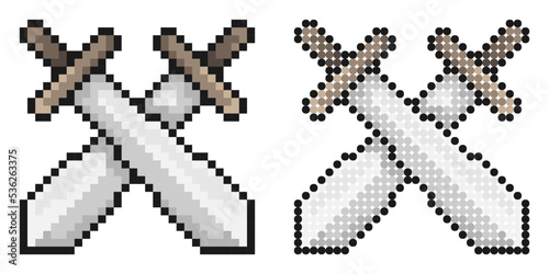Pixel icon. Pair of crossed knight swords. Tournament, beginning of medieval duel. Simple retro game vector isolated on white background