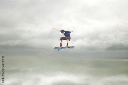 illustration of young boy makes a surreal jump in the sky with his skateboard