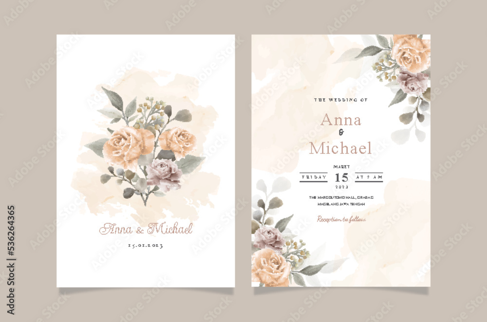 Set of card with green peach flower rose and leaves. Wedding ornament concept. Floral poster invitation. Vector decorative greeting card or invitation design background.