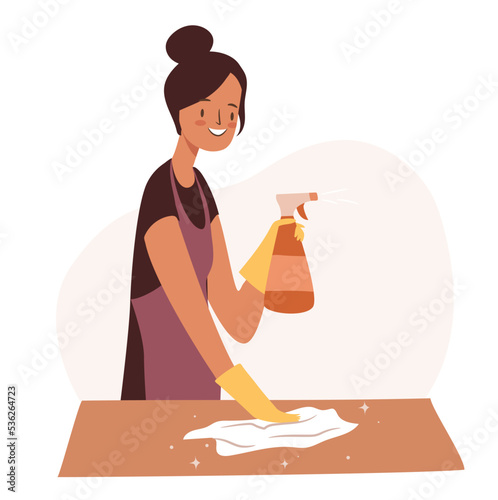 Woman cleaning house with a rag and spray. Housewife doing chores. Cleaning service concept.