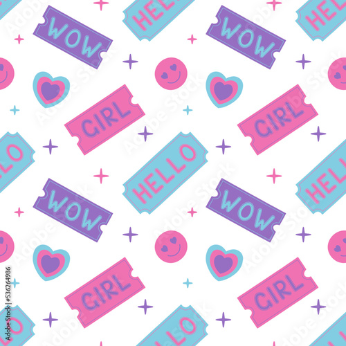 Girly pattern with cool cute stickers in y2k style. Vector illustration.