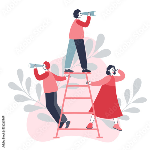 Searching ideas. Career horizon, new talent and employee research. Business team looking in future, choose development way recent vector concept