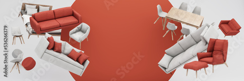 interior design concept Sale of home decorations and furniture During promotions and discounts, it is surrounded by beds, sofas, armchairs and advertising spaces banner. pastel background. 3d render