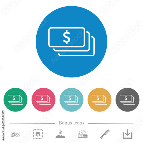 American dollar banknotes outline flat round icons