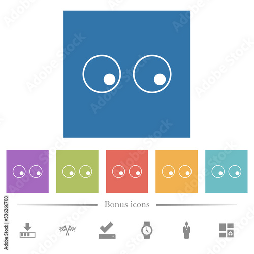 Watching eyes outline flat white icons in square backgrounds