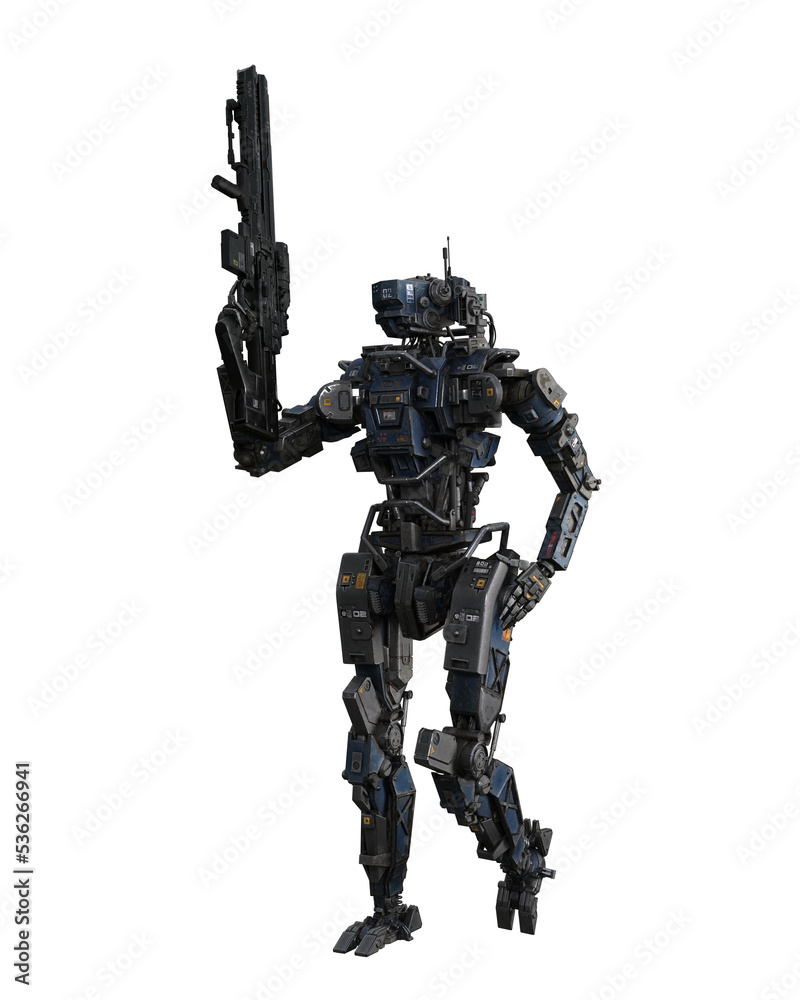Cyberpunk droid soldier walking with rifle in hand. 3D rendering isolated. Cyberpunk droid soldier walking with rifle in hand. 3D rendering isolated.