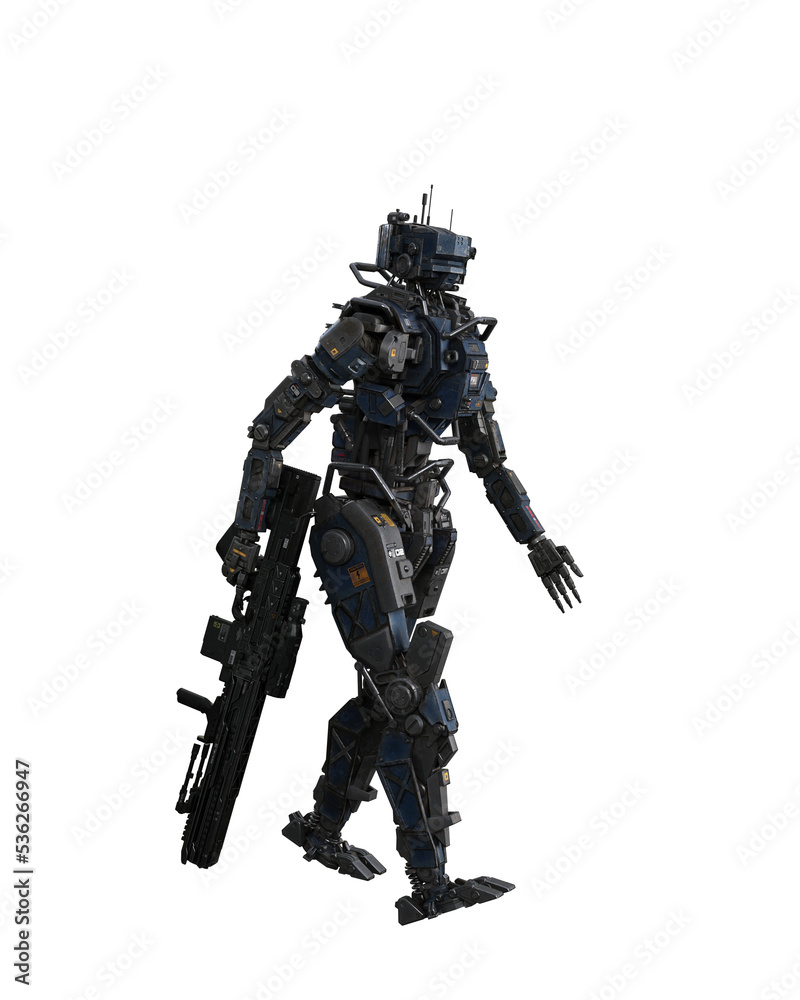 Futuristic mech droid walking holding a sniper rifle. 3D illustration isolated.