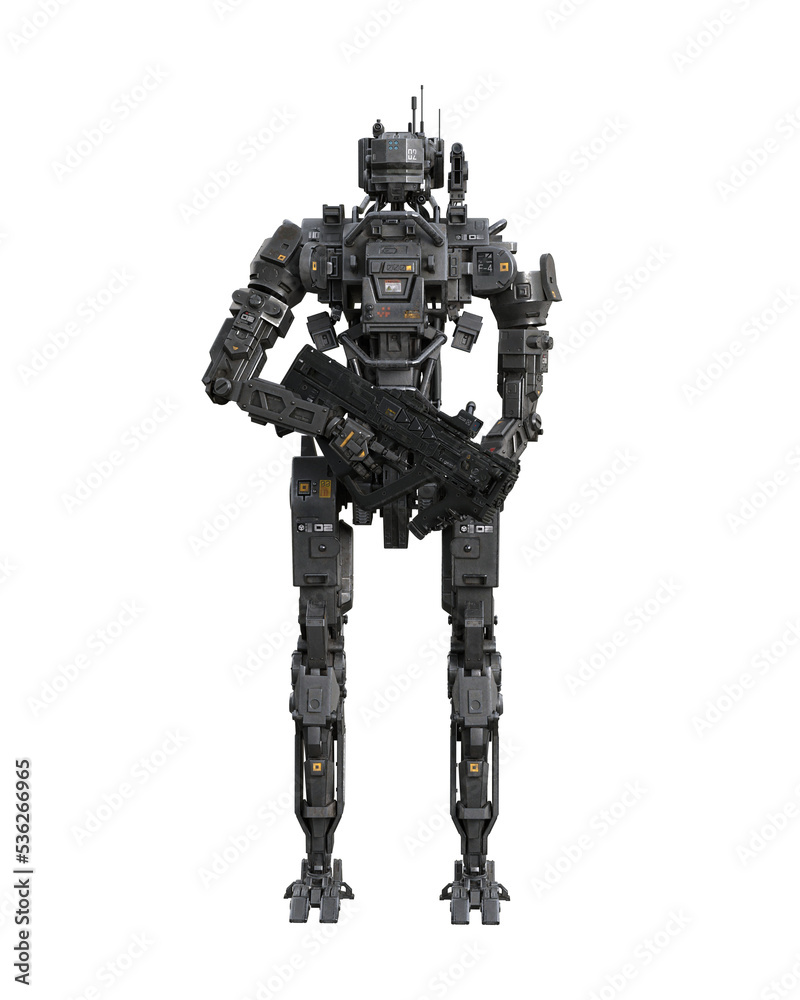 Futuristic fanatsy robot droid holding a submachine gun. 3D illustration isolated. Futuristic fanatsy robot droid holding a submachine gun. 3D illustration isolated.