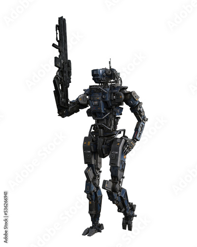 Cyberpunk droid soldier walking with rifle in hand. 3D rendering isolated.