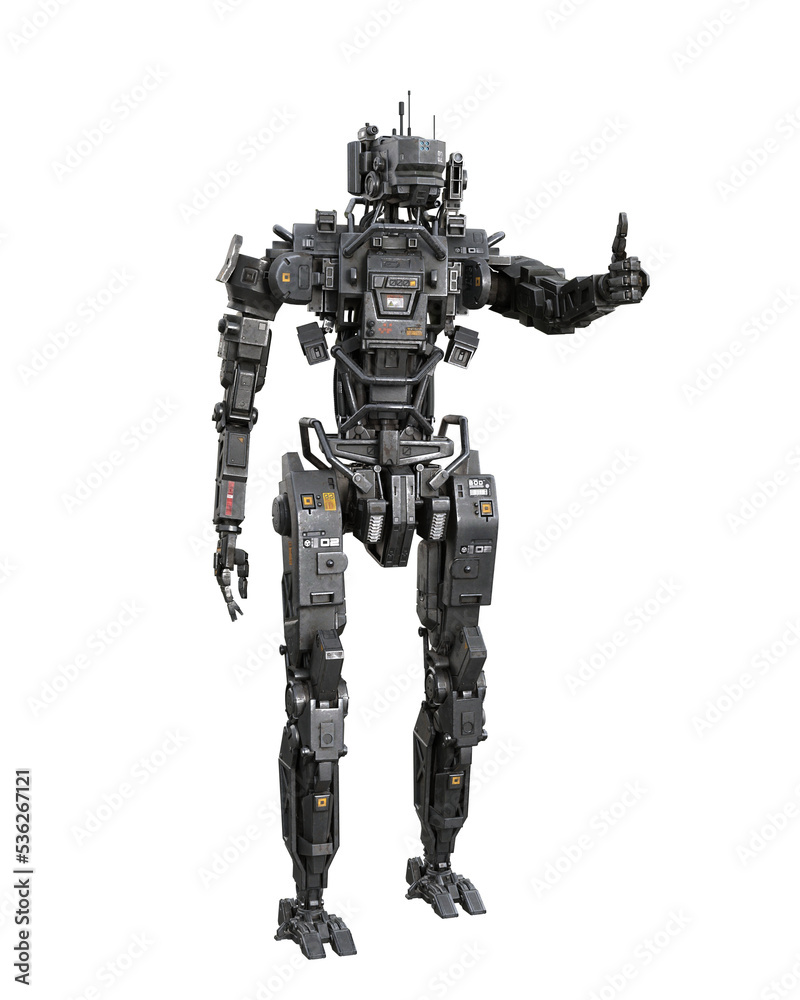 Futuristic cyberpunk robot droid making thumbs up sign. 3D rendering isolated. Futuristic cyberpunk robot droid making thumbs up sign. 3D rendering isolated.