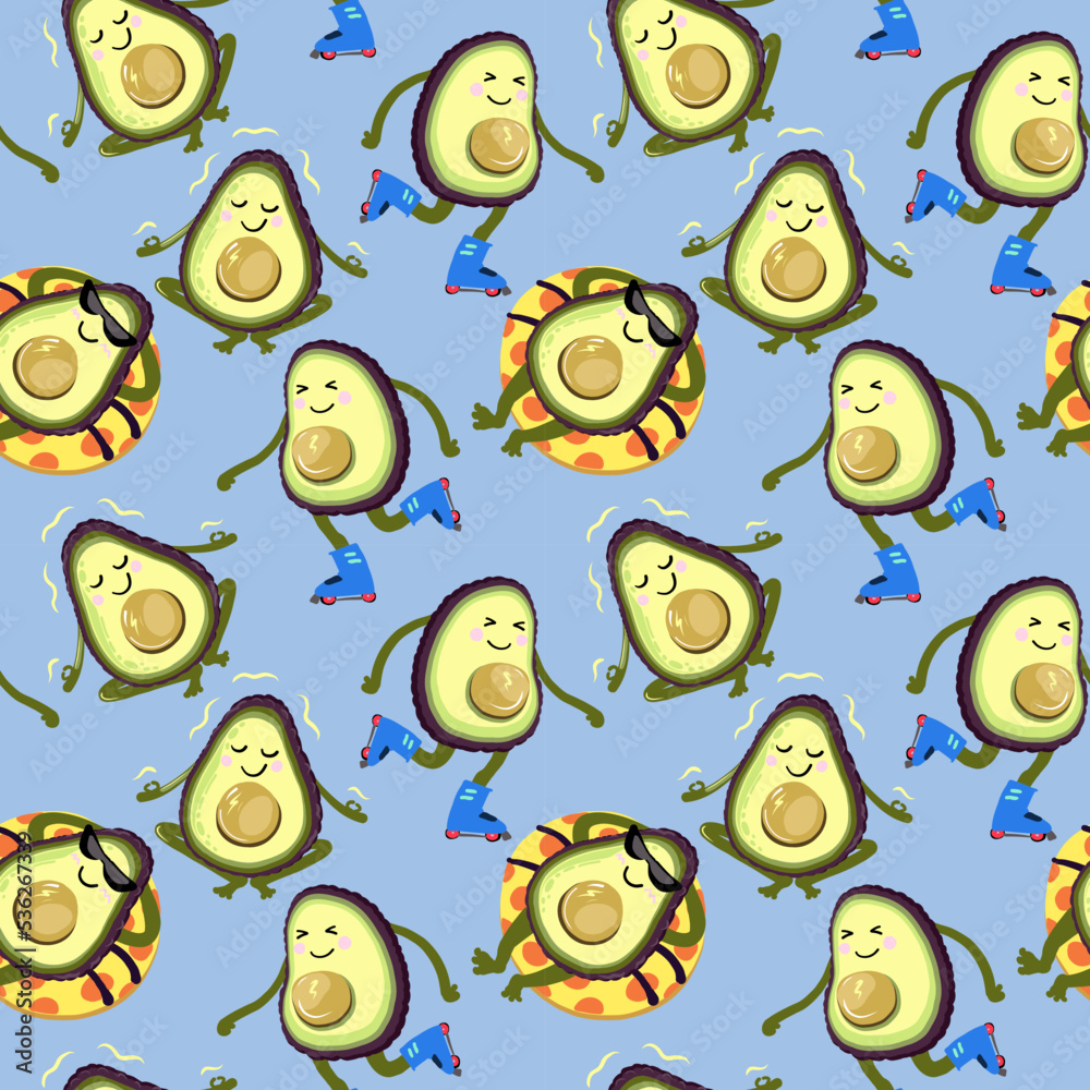 Cartoon character avocado on holiday seamless pattern. Cartoon character avocado on holiday seamless pattern.