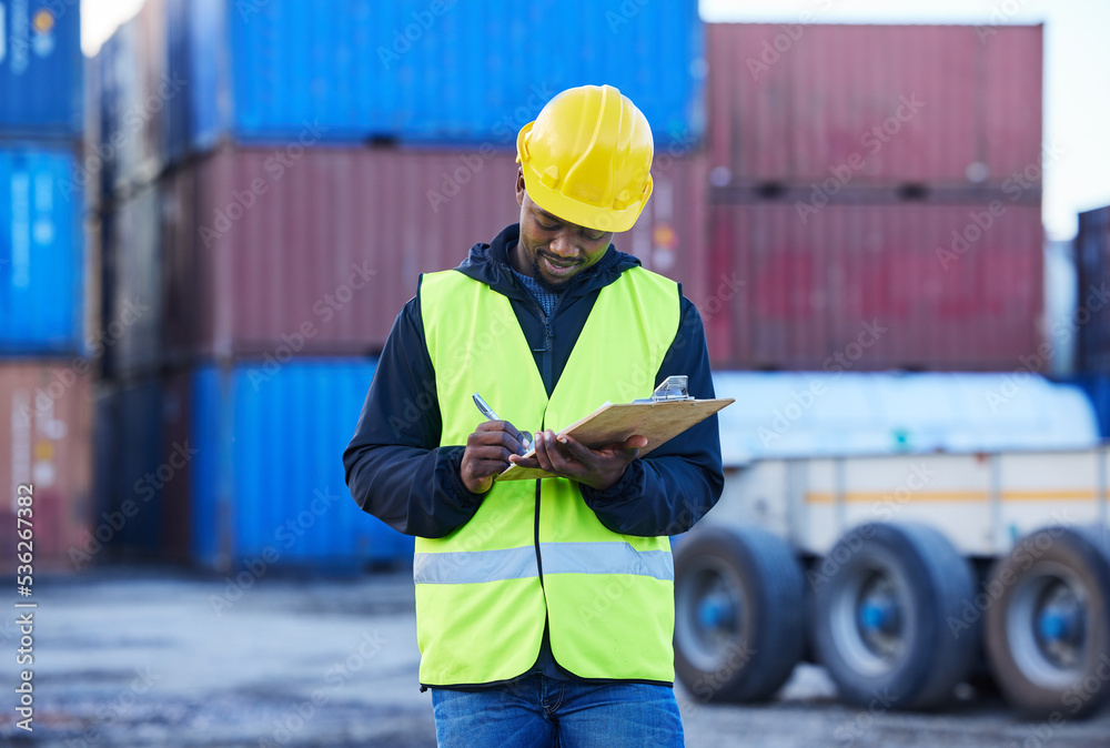 Cargo, supply chain and logistics manager black man with checklist