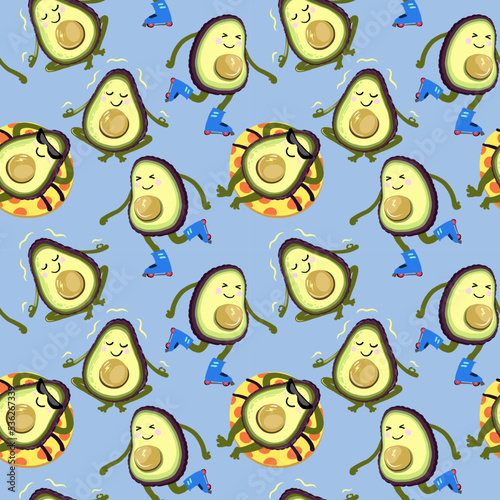Cartoon character avocado on holiday seamless pattern.