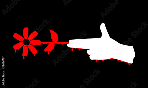 Red flower with white hand gun and blood stains dripping concept peace no war violence on black background icon vector design.