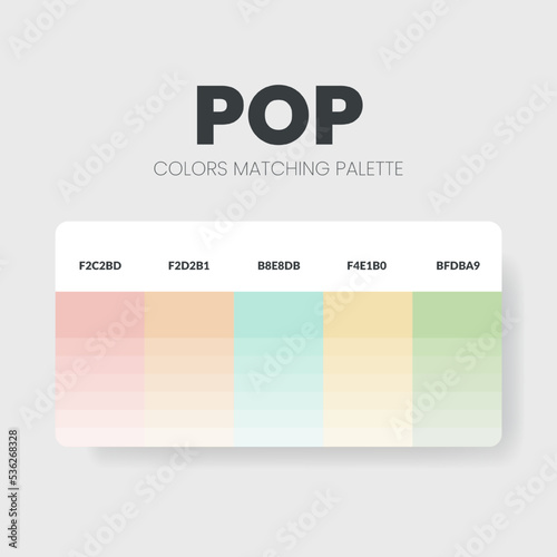 Pop color scheme. Color Trends combinations and palette guide. Example of table color shades in RGB and HEX. Color swatch for fashion, home, interiors, design. Colour chart idea. Illustration vector.